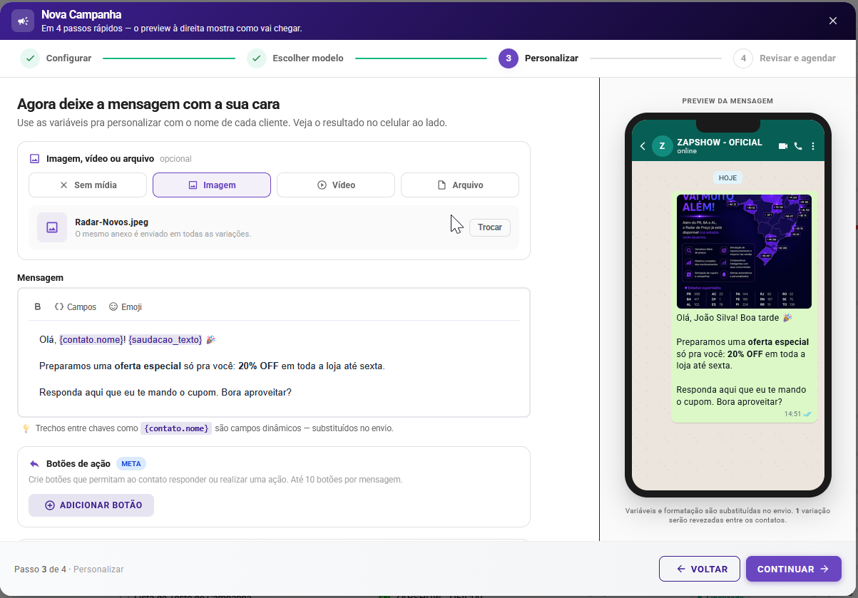 Tela real de criação de campanhas do ZapShow, com editor da mensagem e prévia no WhatsApp